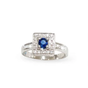 ANELLO ORO BIANCO CON ZAFFIRO BLU ROTONDO E DIAMANTI DD GIOIELLI COMPLETI DI CERTIFICATO DI GARANZIA IGI