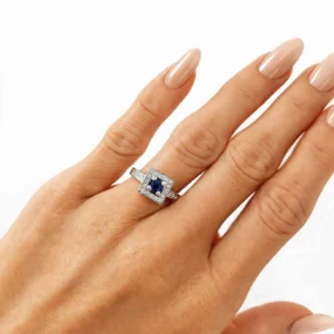 anello oro bianco con zaffiro blu rotondo e diamanti dd gioielli completi di certificato di garanzia igi