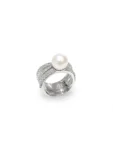 ANELLO ORO BIANCO FASCIA CON DIAMANTI E PERLA KT 0,8 GVS1