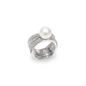 ANELLO ORO BIANCO FASCIA CON DIAMANTI E PERLA KT 0,8 GVS1