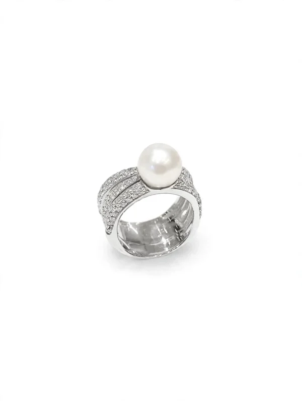 ANELLO ORO BIANCO FASCIA CON DIAMANTI E PERLA KT 0,8 GVS1