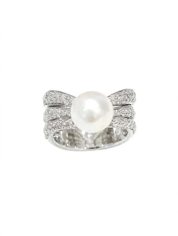 ANELLO ORO BIANCO FASCIA CON DIAMANTI E PERLA KT 0,8 GVS1