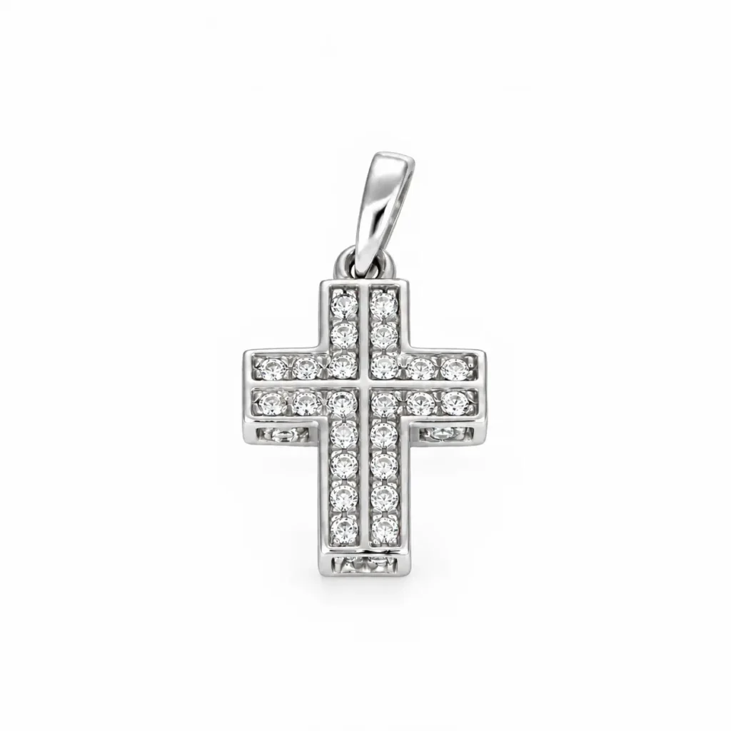 Ciondolo oro bianco croce con zirconi bianchi, oro 18 kt
