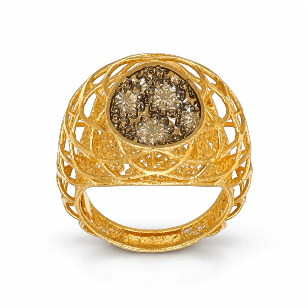 Anello due ori rete lavorato, oro 18 kt