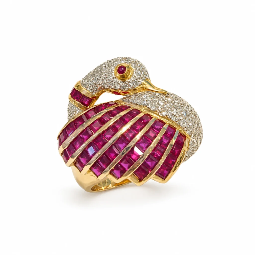 Anello due ori cigno con diamanti completo di certificato di garanzia IGI, oro 18 kt