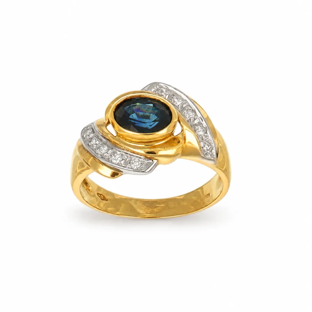 Anello due ori con diamanti KT 0.01X10 e zaffiro blu, oro 18 kt
