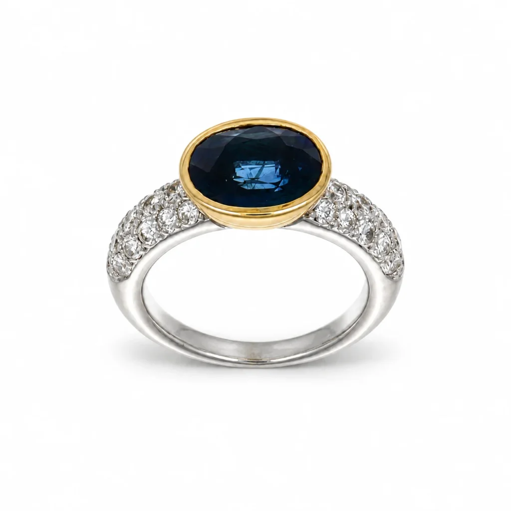 Anello due ori con zaffiro blu e diamanti, oro 18 kt