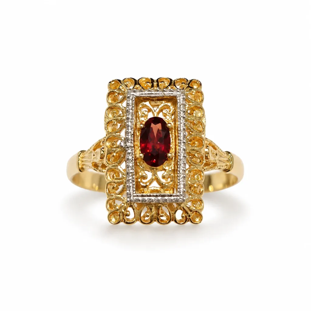 Anello due ori con zircone rosso, oro 18 kt