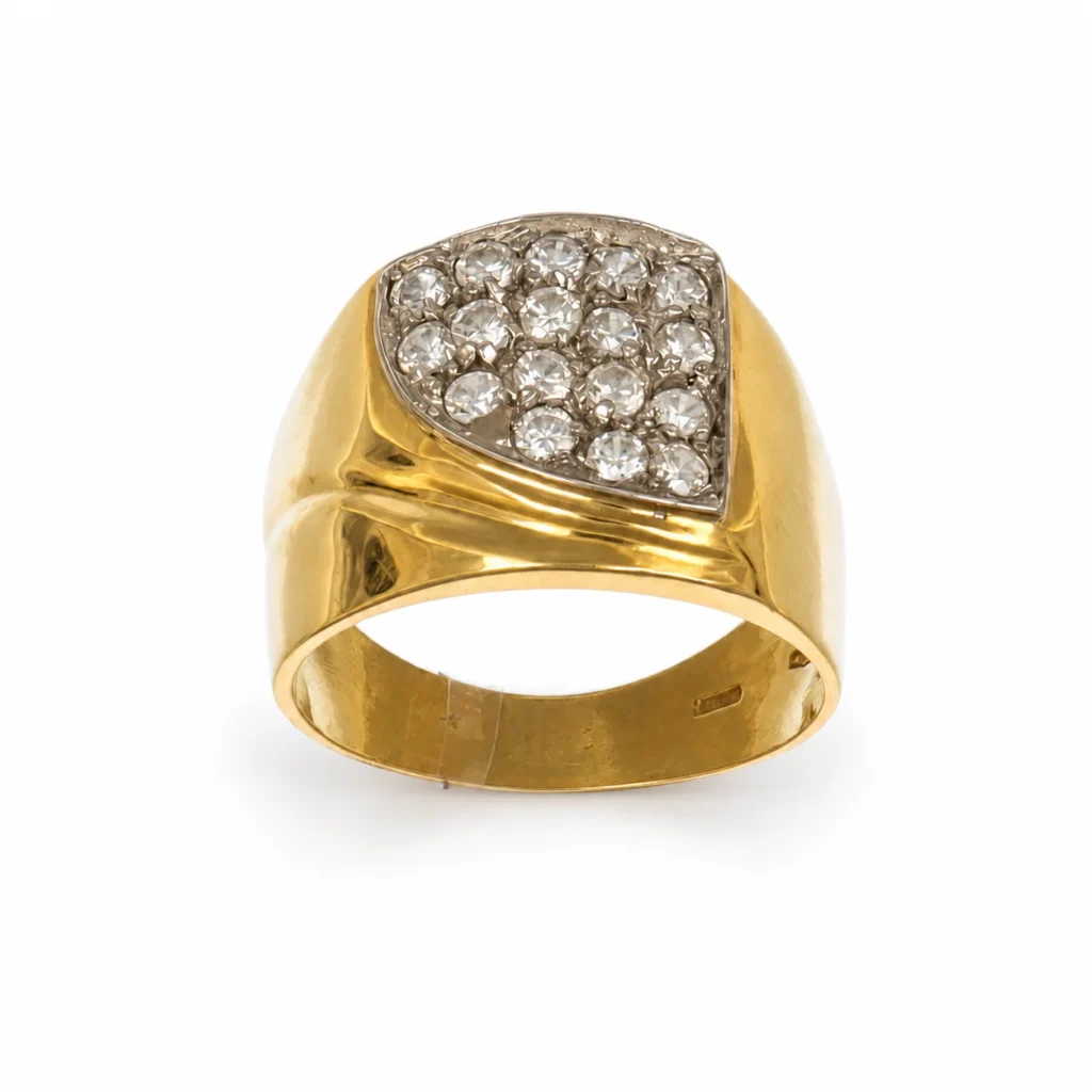 Anello due ori fascia con zirconi bianchi, oro 18 kt