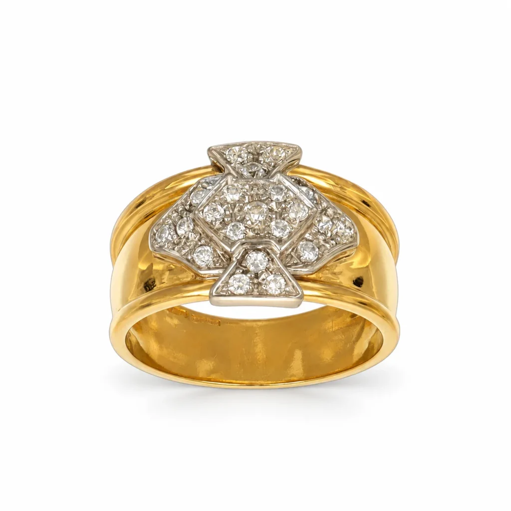 Anello due ori fascia con zirconi bianchi, oro 18 kt