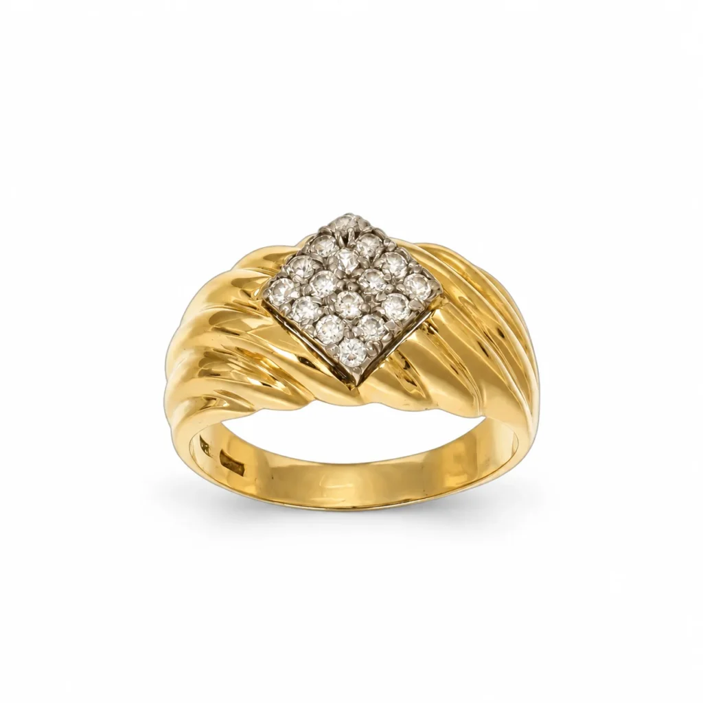 Anello due ori fascia con zirconi bianchi, oro 18 kt