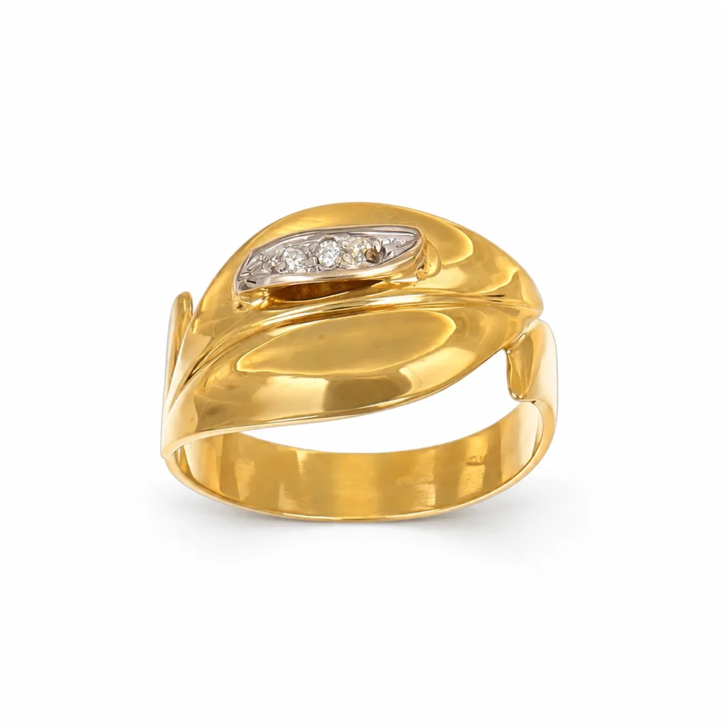 Anello due ori fascia foglia con zirconi bianchi, oro 18 kt