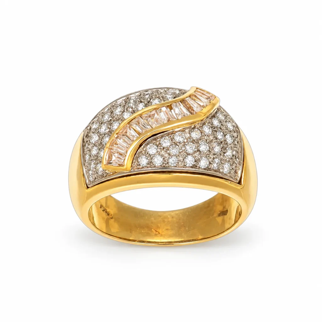 Anello due ori pavee fascia con zirconi, oro 18 kt