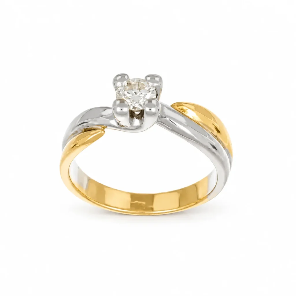 Anello due ori solitario con diamante KT 0.18 GVS1, oro 18 kt