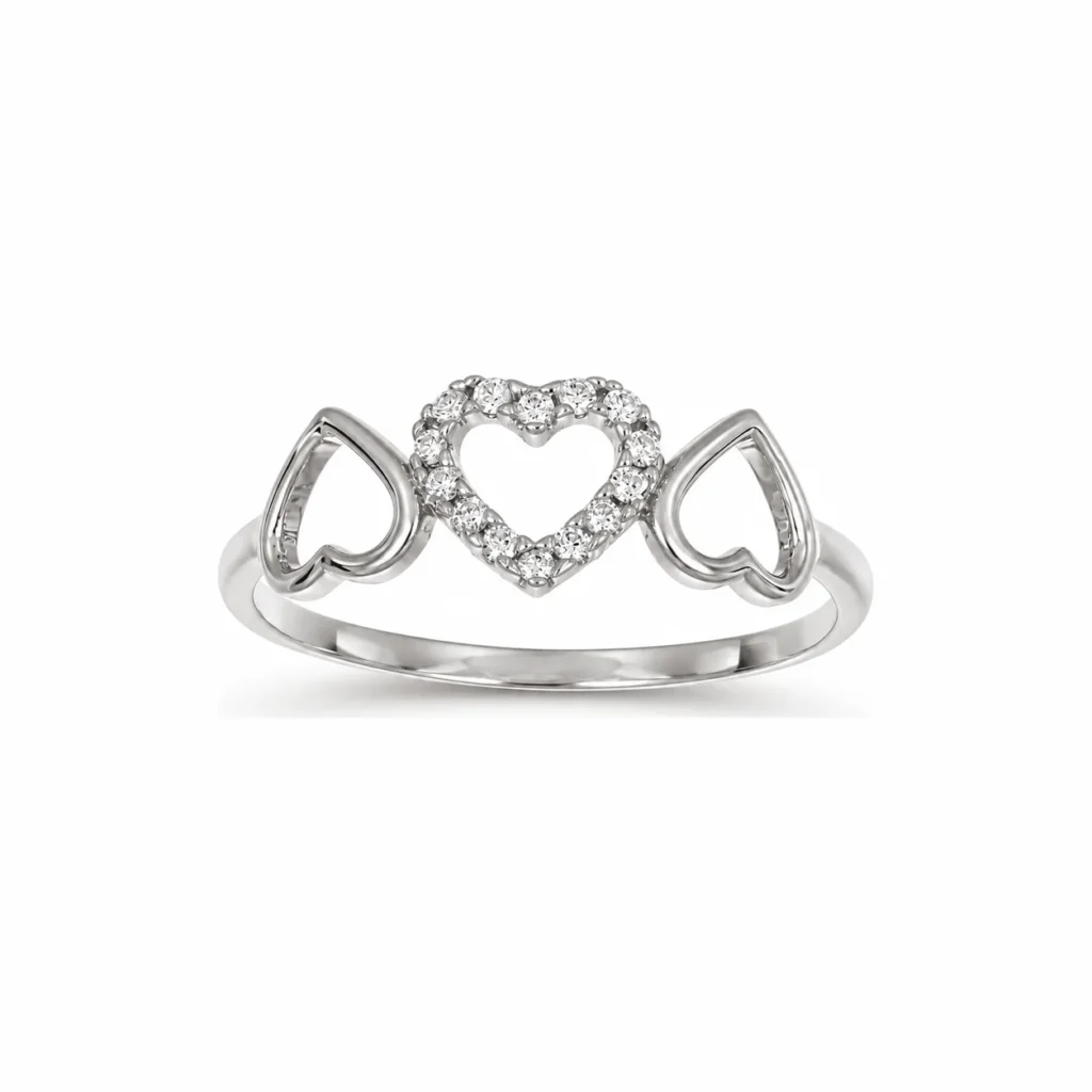 Anello oro bianco con cuore con zirconi bianchi, oro 18 kt