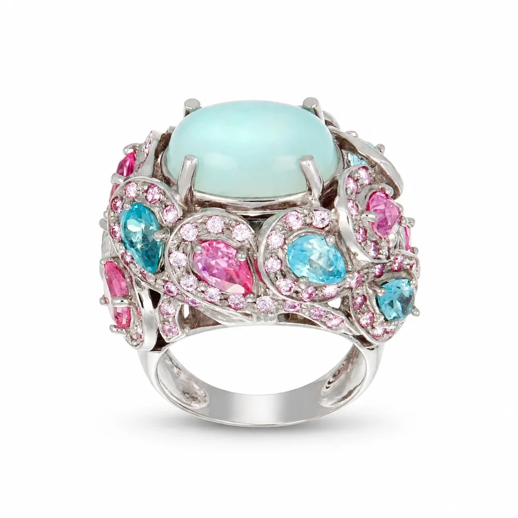 Anello oro bianco con pietre semipreziose zirconi rosa e celesti, oro 18 kt