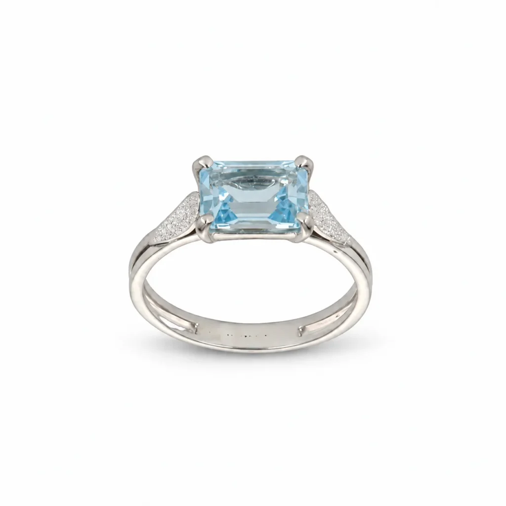 Anello oro bianco con topazio azzurro, oro 18 kt