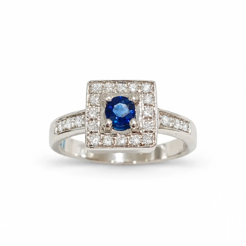 Anello oro bianco con zaffiro blu rotondo e diamanti DD Gioielli completi di certificato di garanzia IGI, oro 18 kt