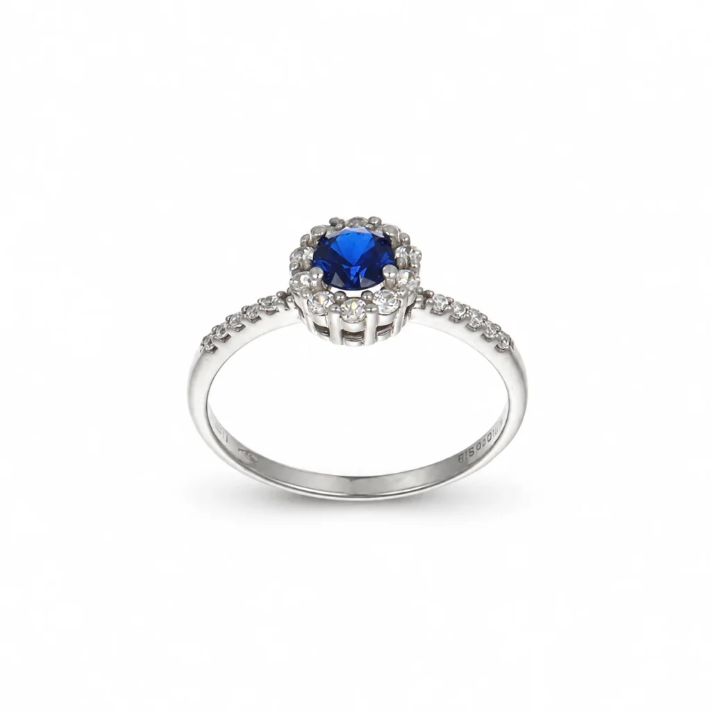 Anello oro bianco con zirconi bianchi e blu, oro 18 kt