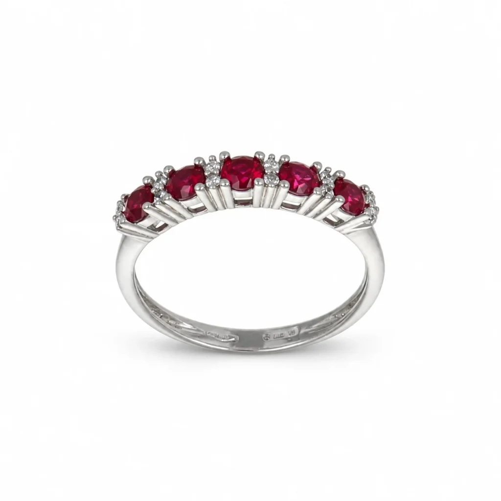 Anello oro bianco con zirc b e rossi, oro 18 kt