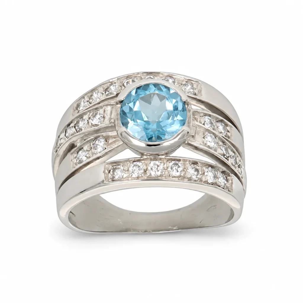 Anello oro bianco con zirconi celesti e bianchi, oro 18 kt