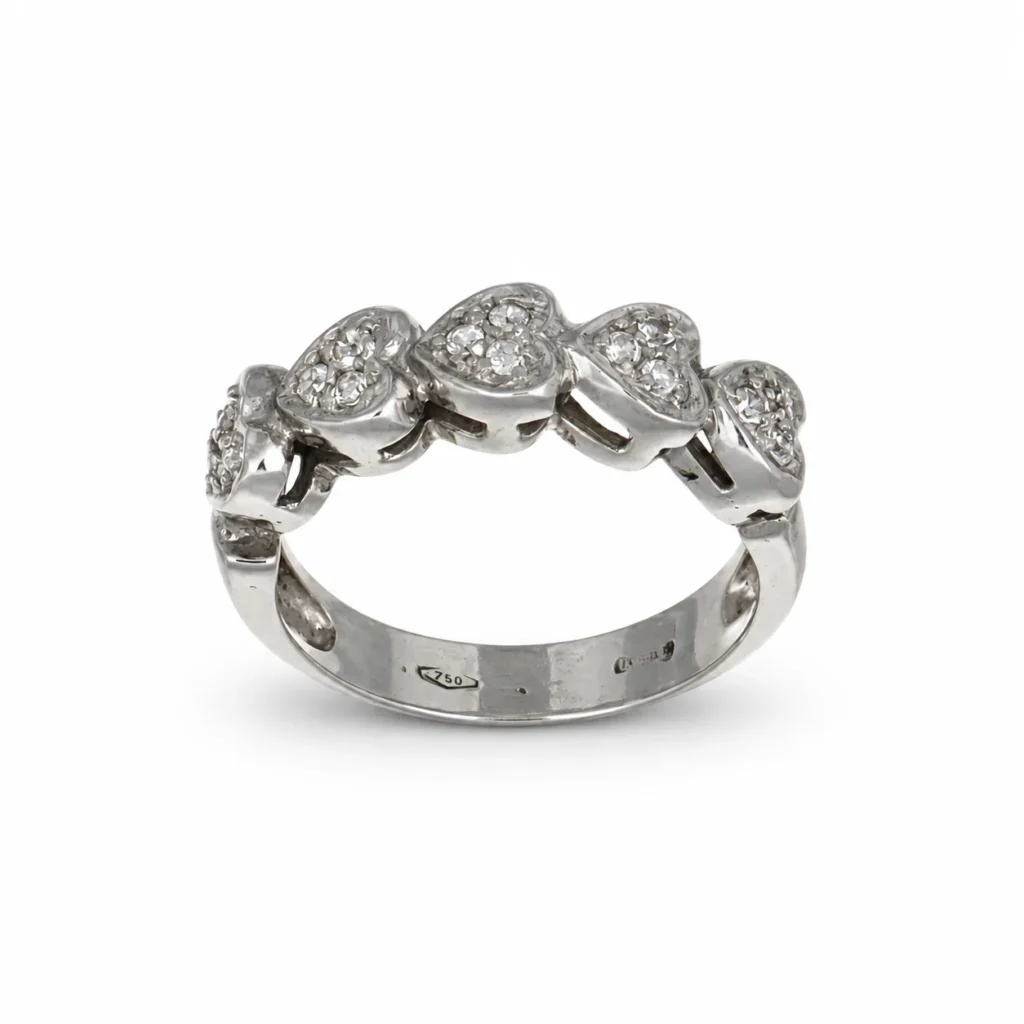 Anello oro bianco cuori con zirc bianchi, oro 18 kt