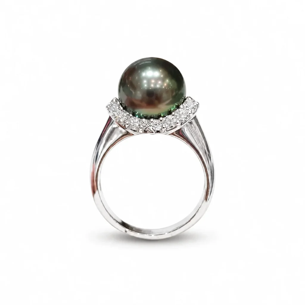 Anello oro bianco Damiani con perla grigia tahiti e diamanti KT 0.90 tot G VS1, oro 18 kt