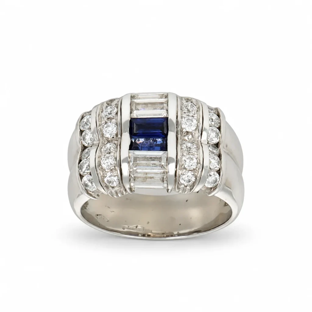 Anello oro bianco fascia con zirconi bianchi e blu taglio baguette, oro 18 kt