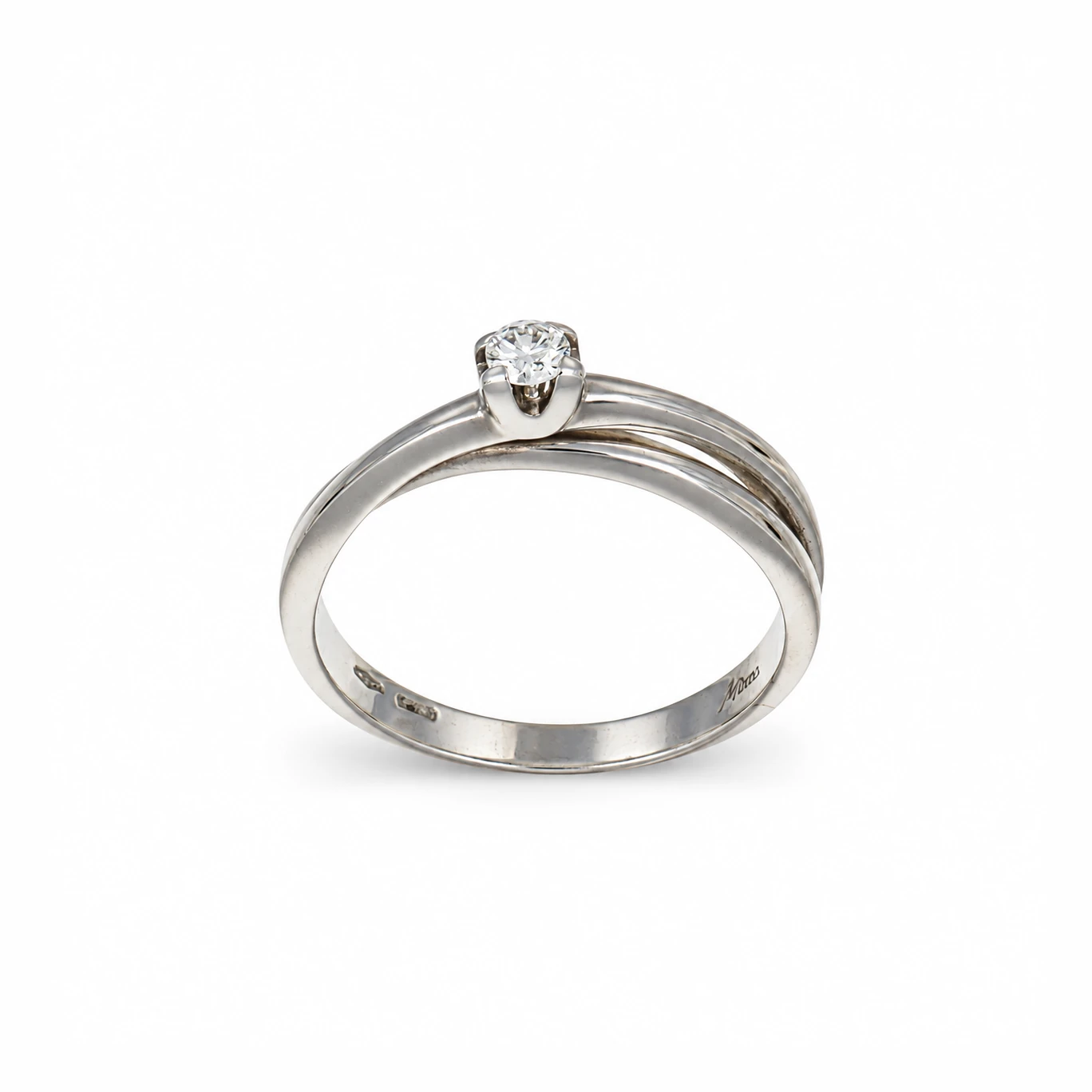 Anello solitario Miluna in oro bianco con diamante centrale e gambo a linee curve