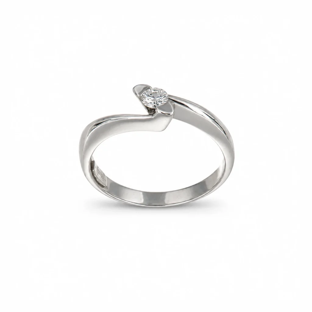 Anello solitario Recarlo in oro bianco con diamante centrale e gambo curvo