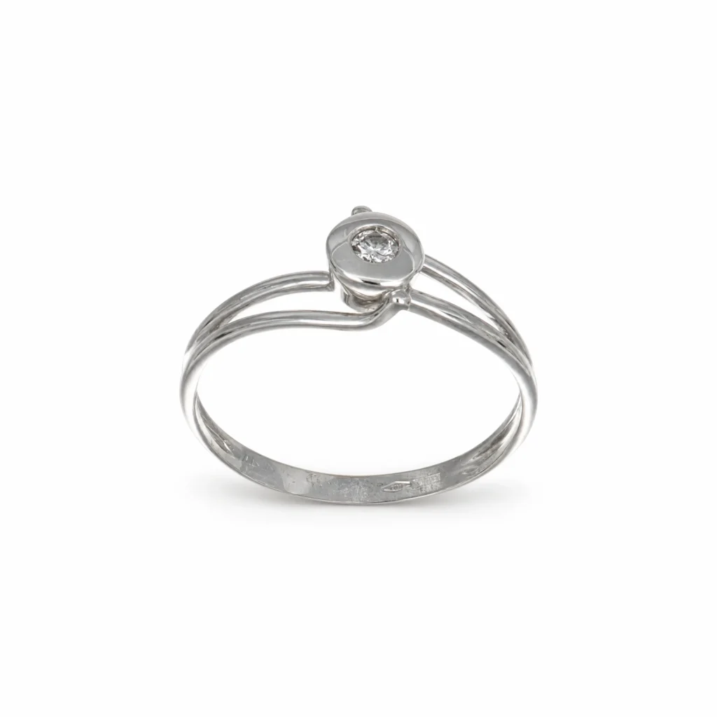 Anello solitario Miluna in oro bianco con diamante centrale e gambo a linee curve