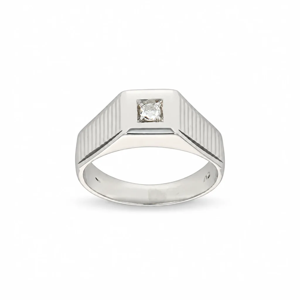 Anello oro bianco uomo solitario con diamante KT 0.06, oro 18 kt
