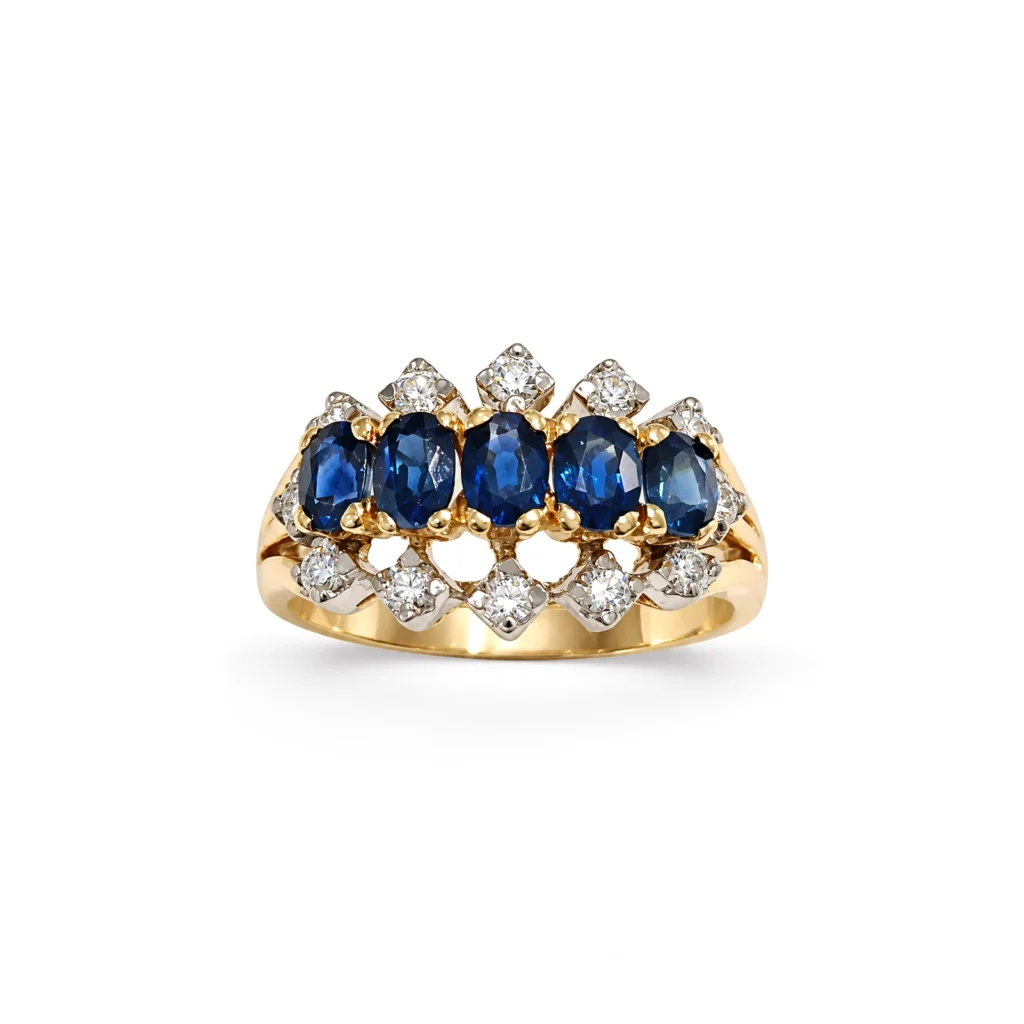 Anello oro giallo 375 con zaff blu taglio ovale KT 0.60 e diamanti KT 0.25+0.02 H/I VS