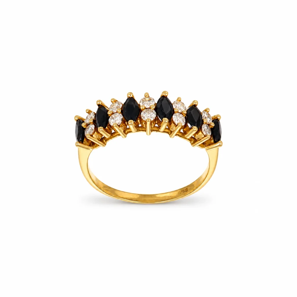 Anello oro giallo con diamanti e zaffiri blu taglio marquise, oro 18 kt