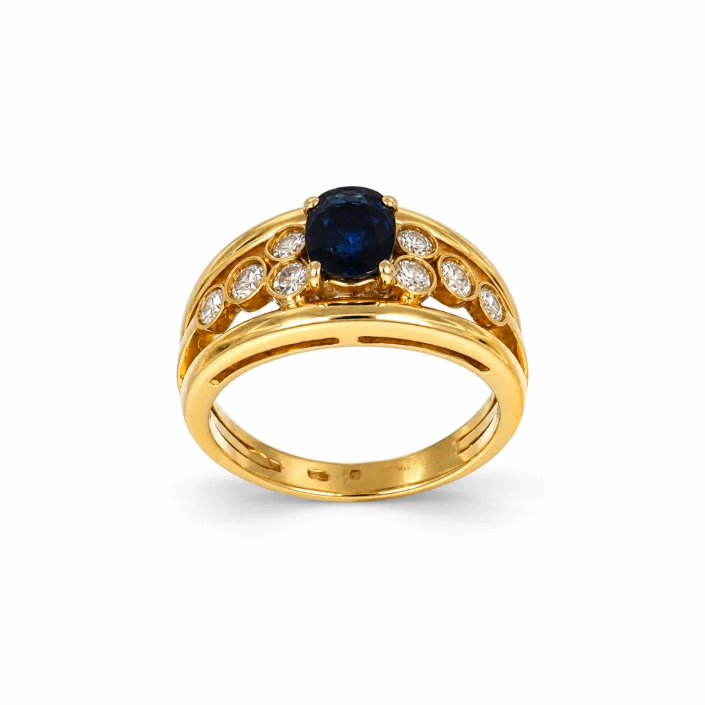 Anello oro giallo con zaffiro blu taglio ovale KT 1.20 e diamanti KT 0.05X6+0.07X2 G VS1, oro 18 kt
