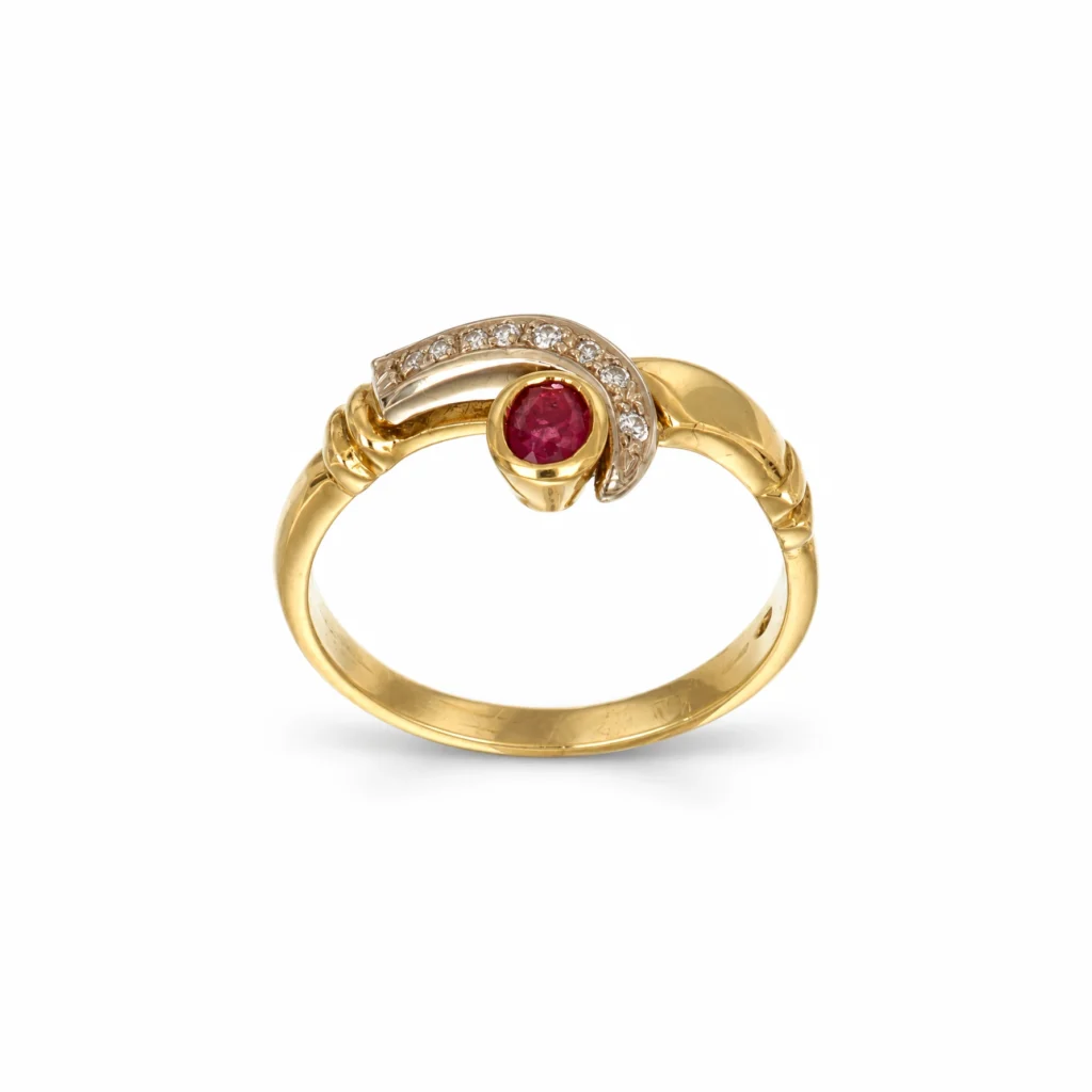 Anello oro giallo con zircone rosso onda, oro 18 kt