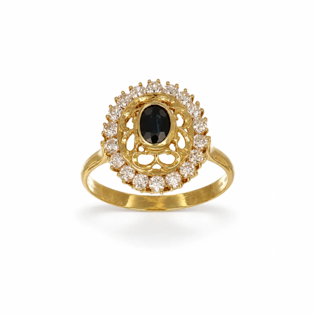 Anello oro giallo con zirconi bianchi e blu