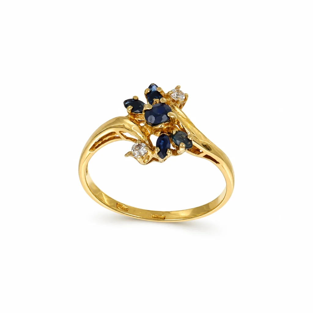 Anello oro giallo con zirconi bianchi e blu, oro 18 kt