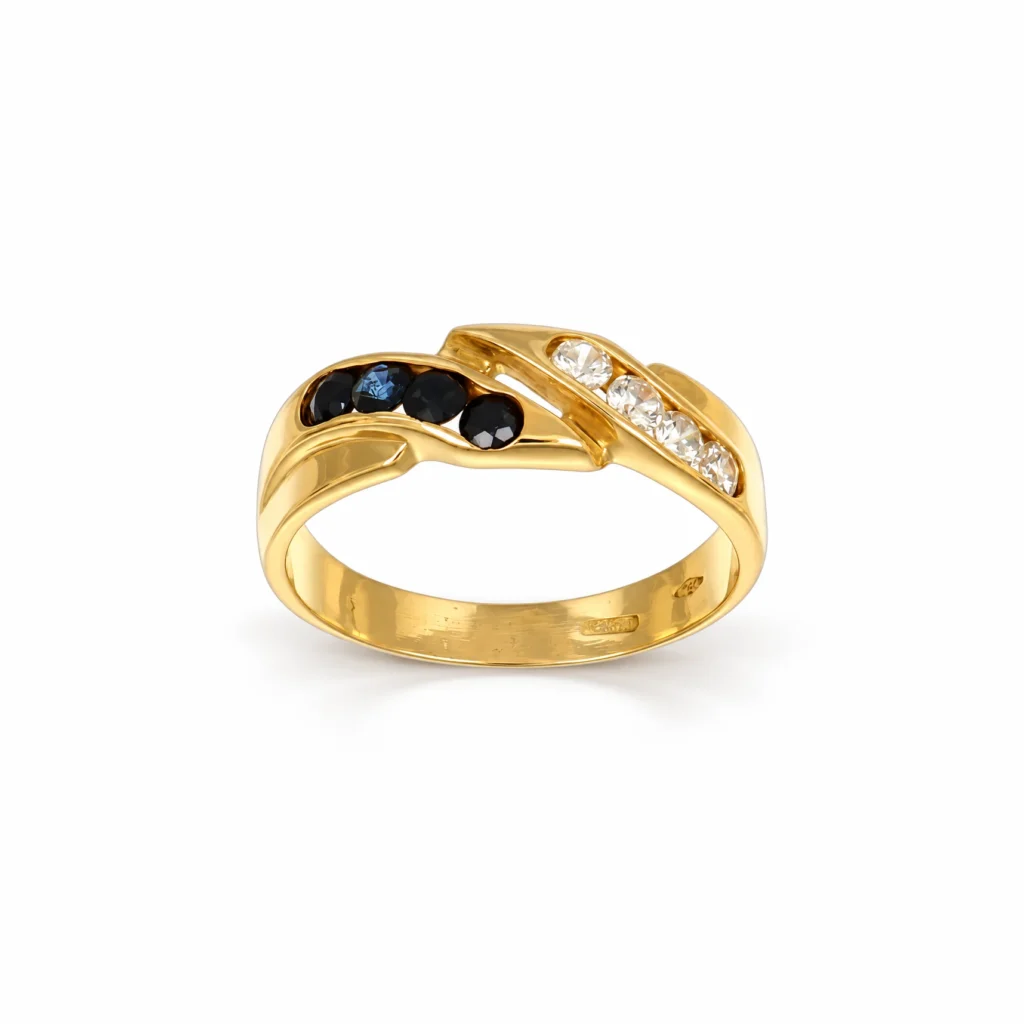Anello oro giallo con zirconi bianchi e blu, oro 18 kt