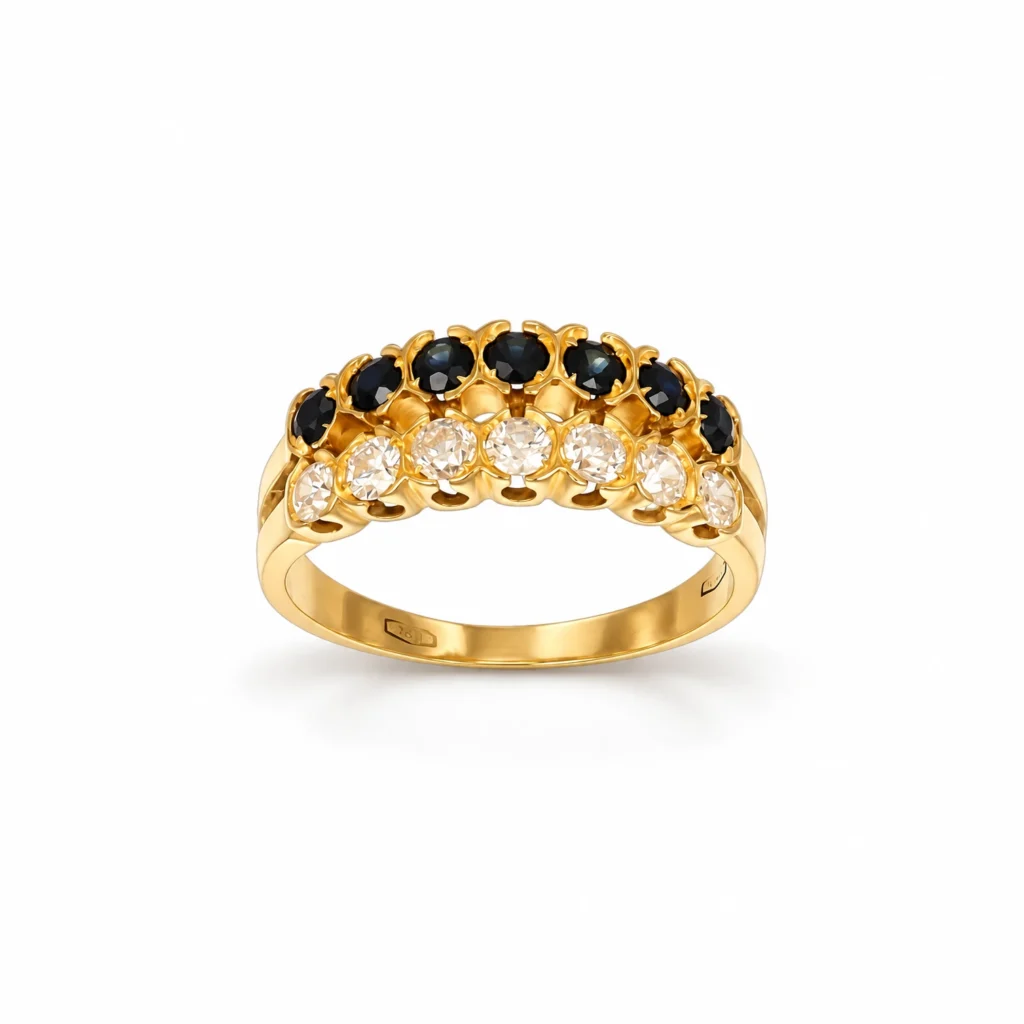 Anello oro giallo con zirconi bianchi e blu, oro 18 kt