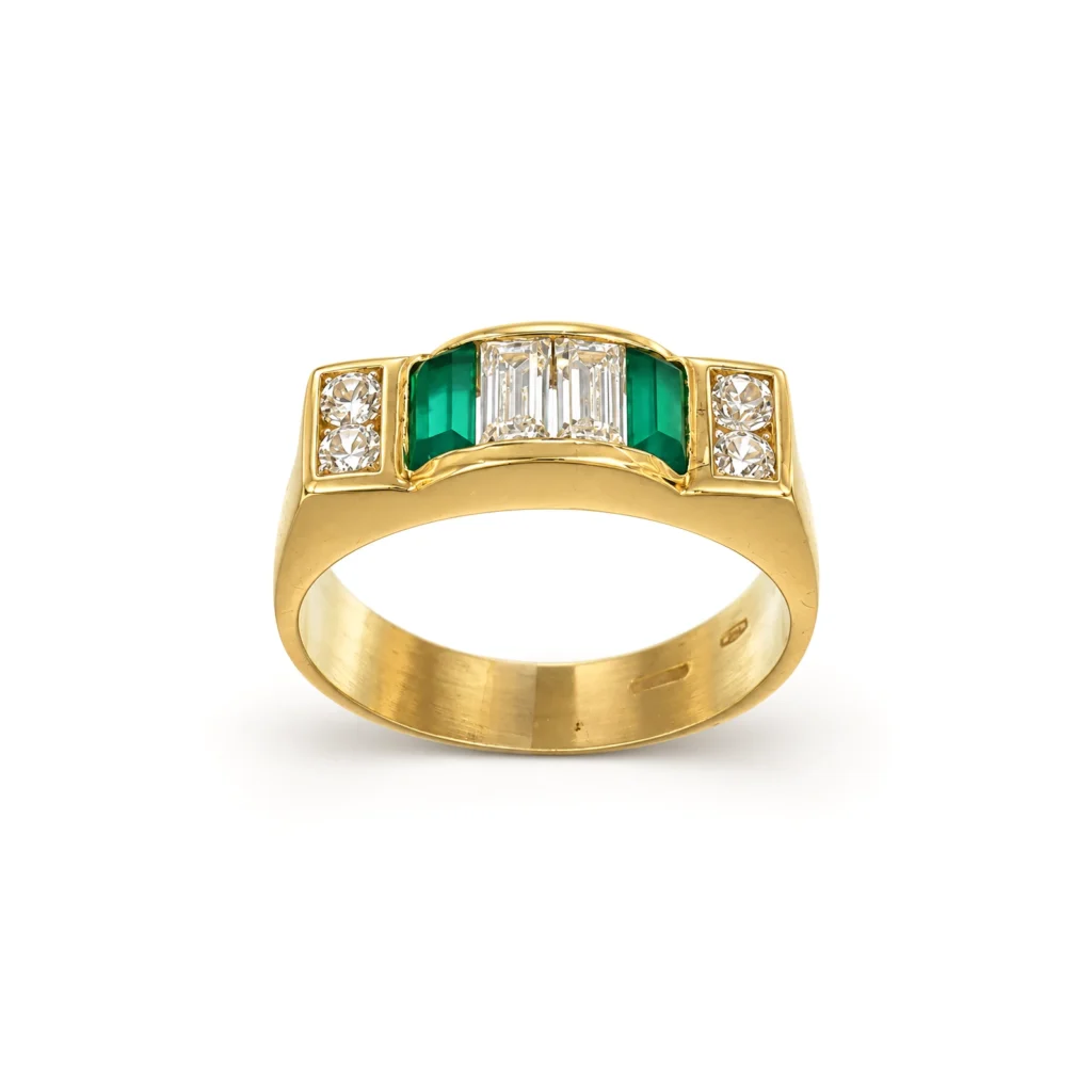 Anello oro giallo con zirconi bianchi bianchi e verdi, oro 18 kt