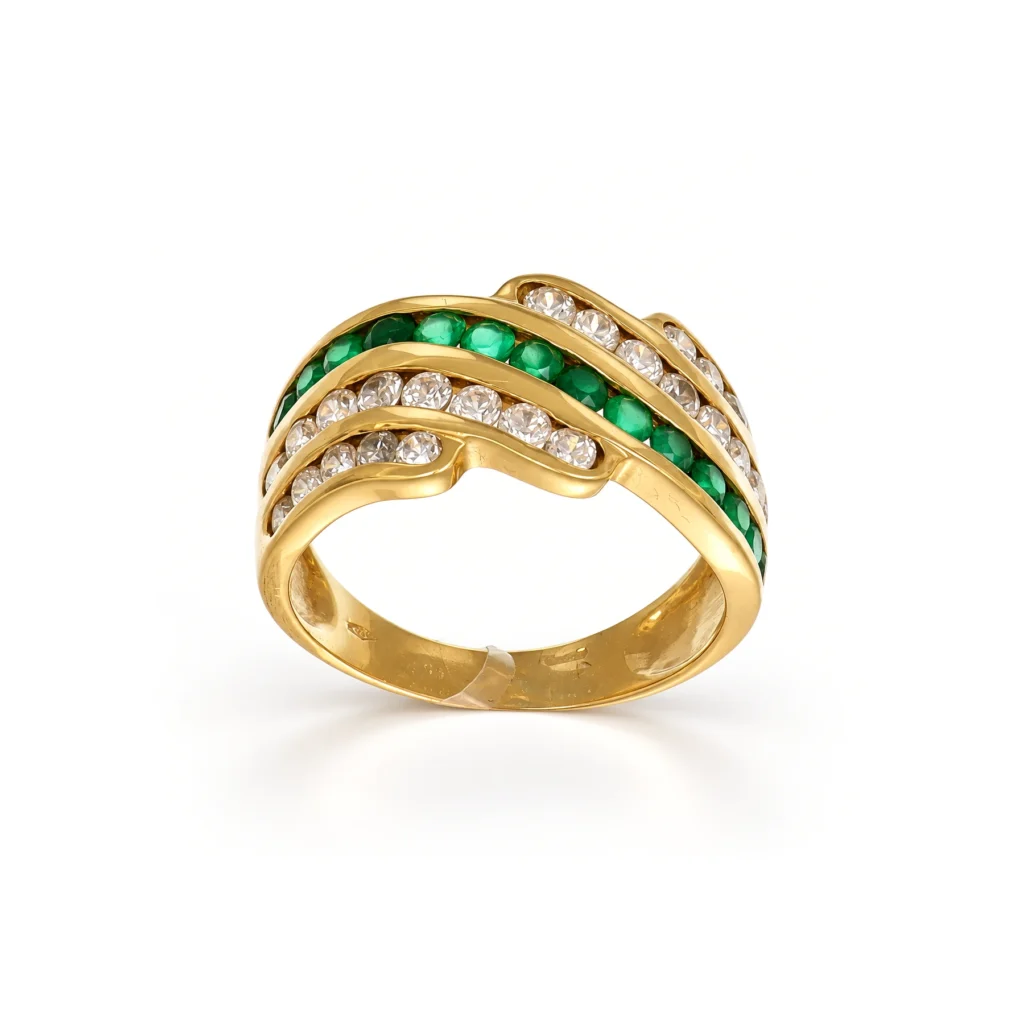 Anello oro giallo fascia con zirconi bianchi e verdi, oro 18 kt