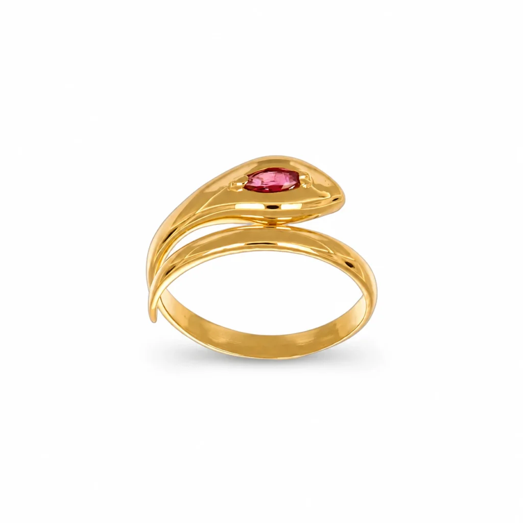 Anello oro giallo serpente con zirconi rossi, oro 18 kt