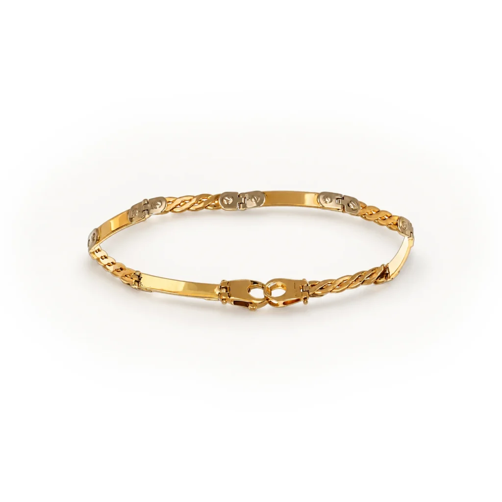 Bracciale 2 ori fascette semirigido lavorato, oro 18 kt, lunghezza 19,5 cm