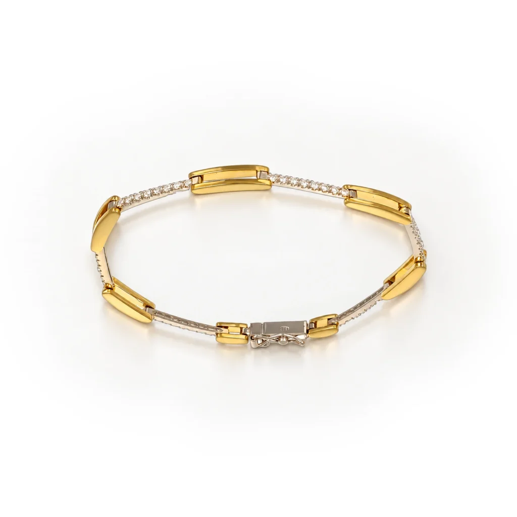 Bracciale due ori a fascette con zirconi, oro 18 kt, lunghezza 18 cm