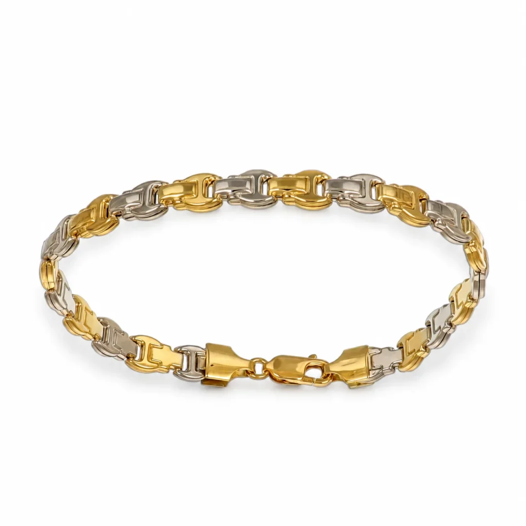 Bracciale due ori luc sat maglia piatta, oro 18 kt, lunghezza 21 cm