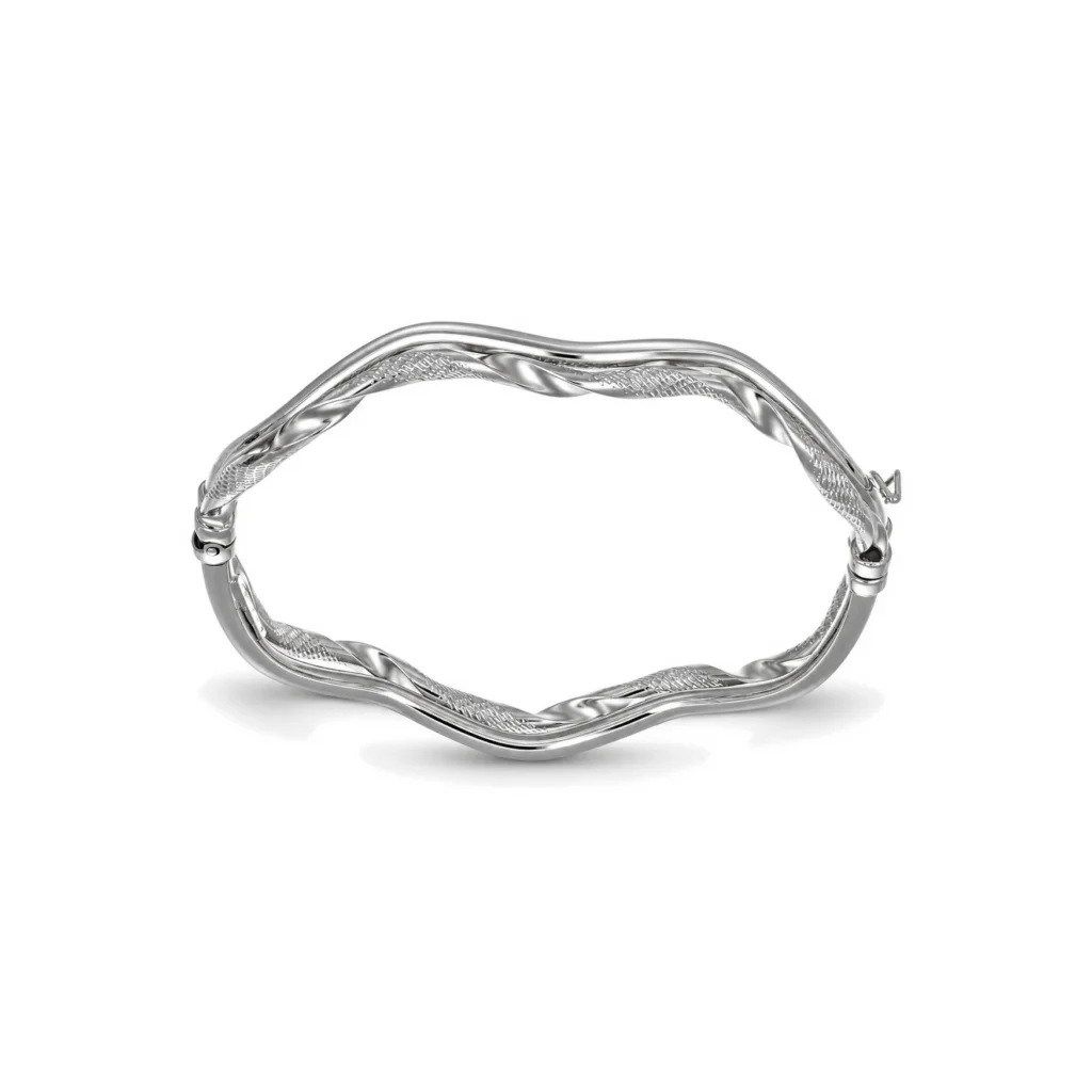 Bracciale oro bianco rigido lucido lavorato, oro 18 kt