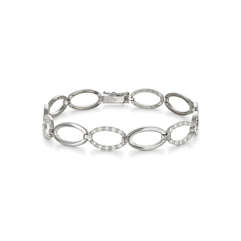 Bracciale oro bianco semirigido con zirconi bianchi, oro 18 kt