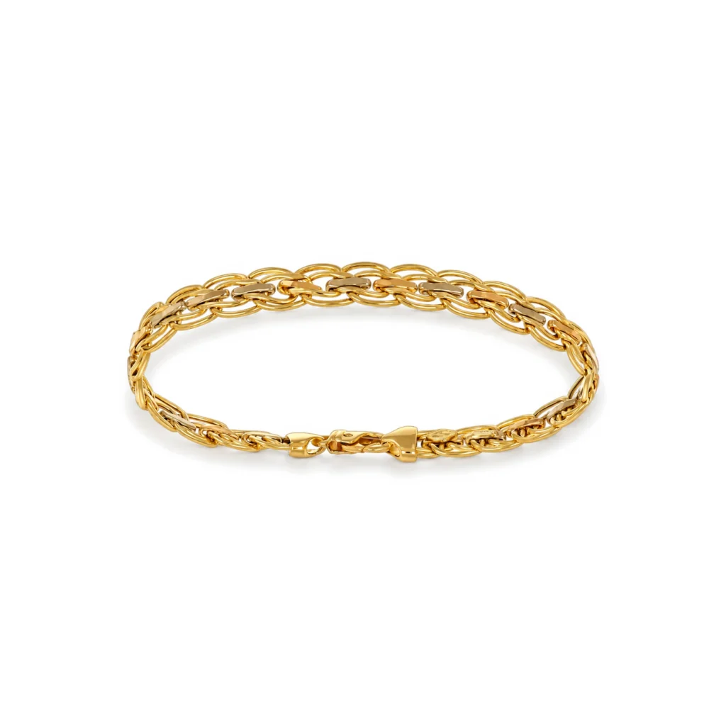 Bracciale oro giallo 2 ori maglia intrecciata piatta, oro 18 kt, lunghezza 20 cm
