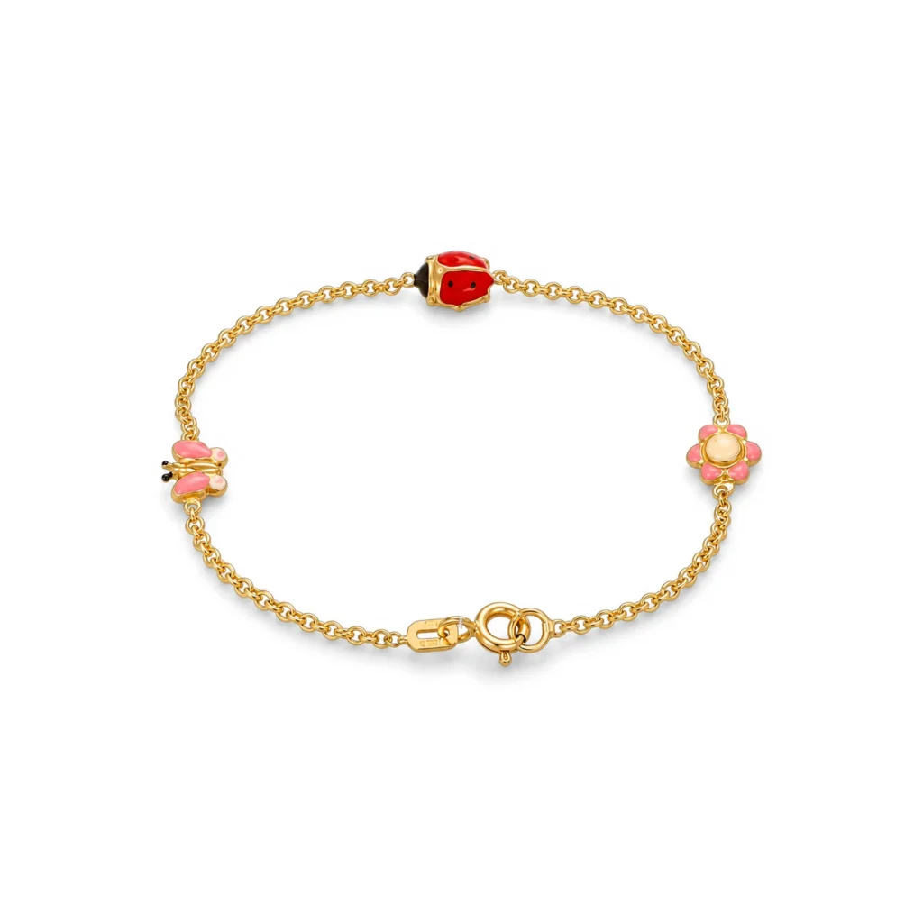 Bracciale oro giallo coccinella fiore e farfalla battesimo, oro 18 kt, lunghezza 14 cm